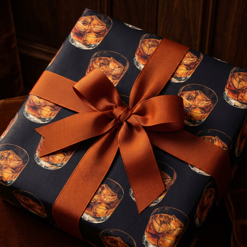Sophisticated gift wrapped in whiskey-themed wrapping paper with an orange grosgrain bow, perfect for the cocktail connoisseur.