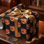 Black wrapping paper with a whiskey glass print, gold ribbon, and "Happy 50th!" tag, perfect for a milestone birthday gift.