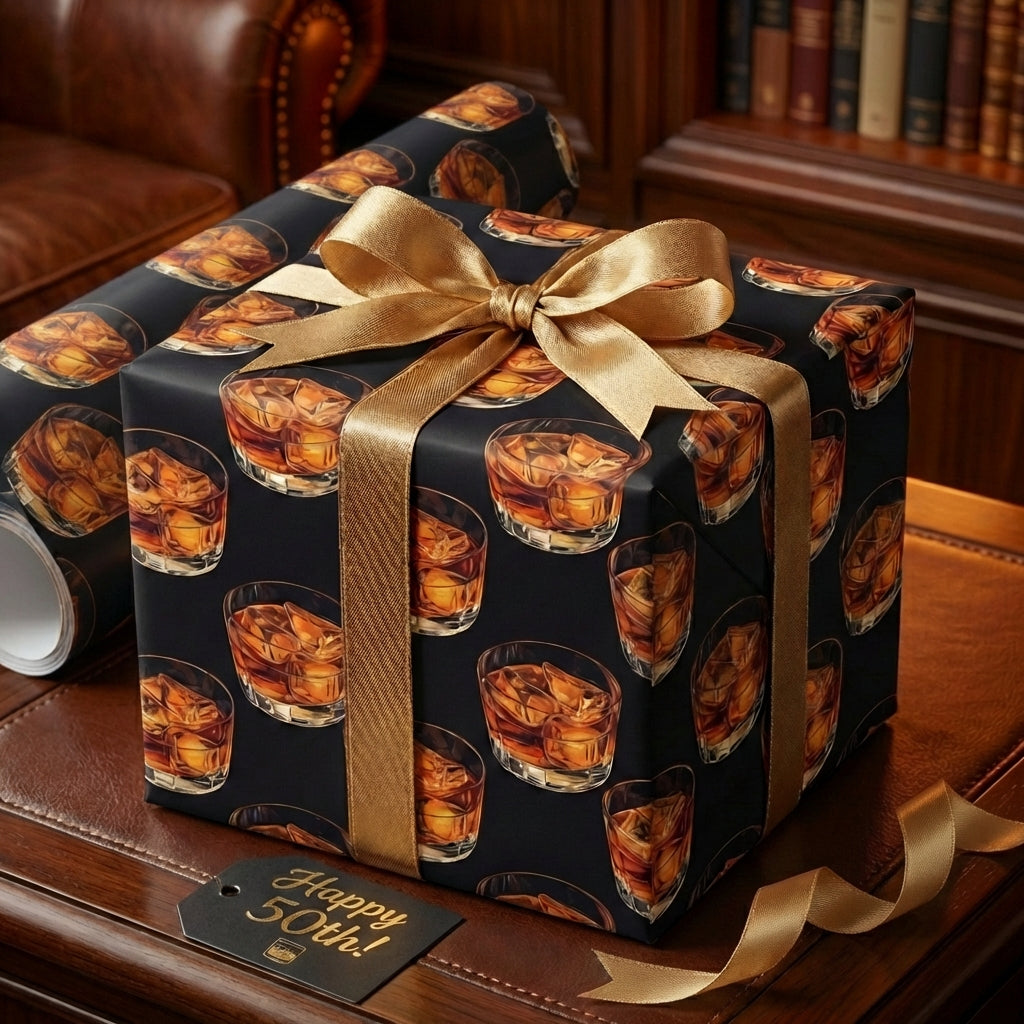 Black wrapping paper with a whiskey glass print, gold ribbon, and "Happy 50th!" tag, perfect for a milestone birthday gift.