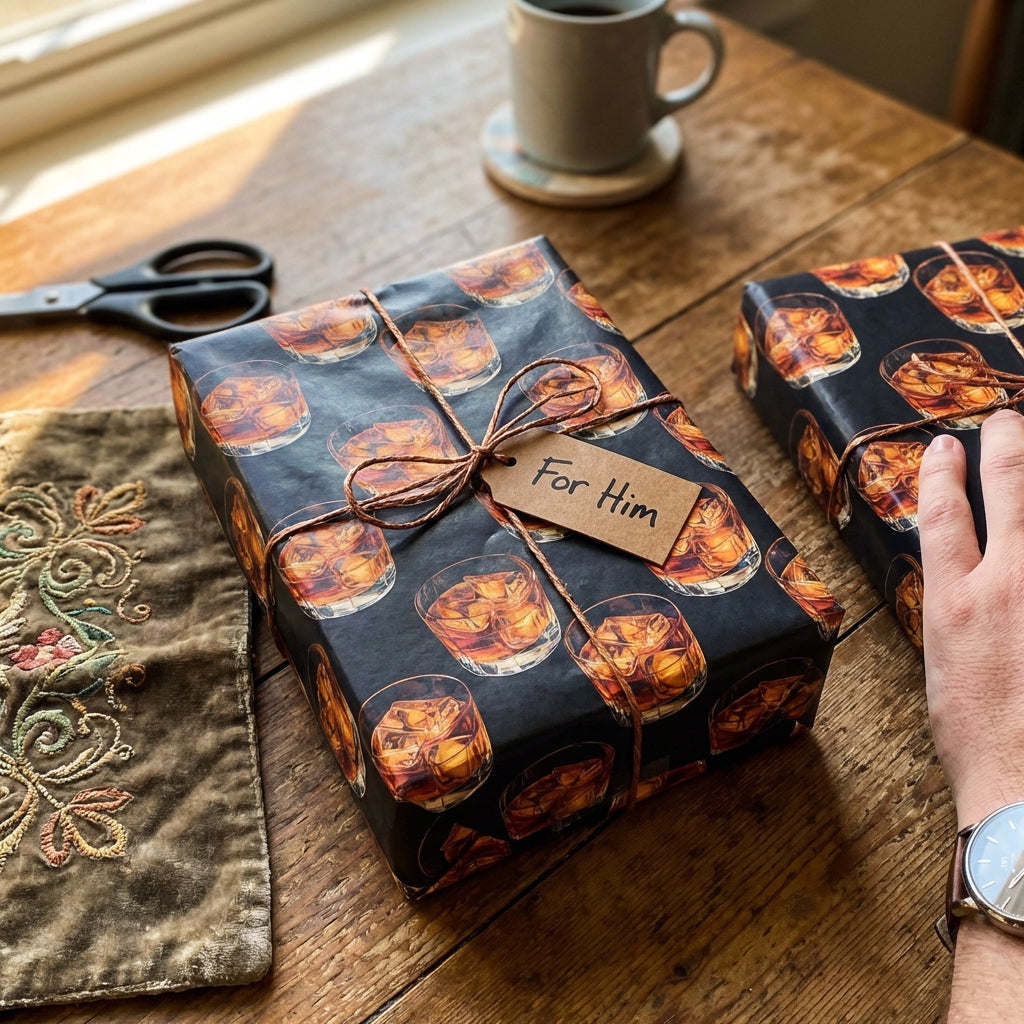 Whiskey glass pattern wrapping paper for him, with twine bow on a wooden surface.