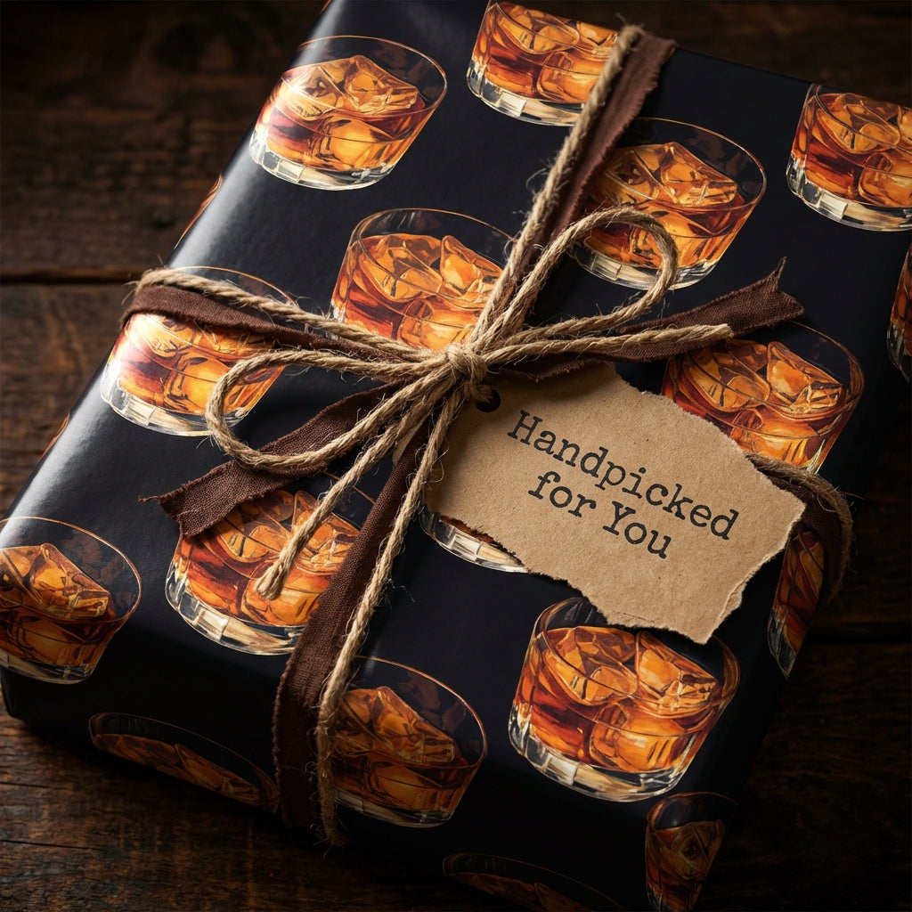 Whiskey glass print wrapping paper with rustic twine and "Handpicked for You" tag.