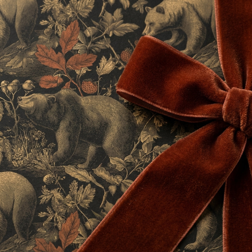 Vintage woodland bear wrapping paper with a luxury rust velvet bow by Wrapped Studios.