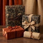 Rustic woodland bear wrapping paper and luxury velvet gift wrap on holiday presents by Wrapped Studios.