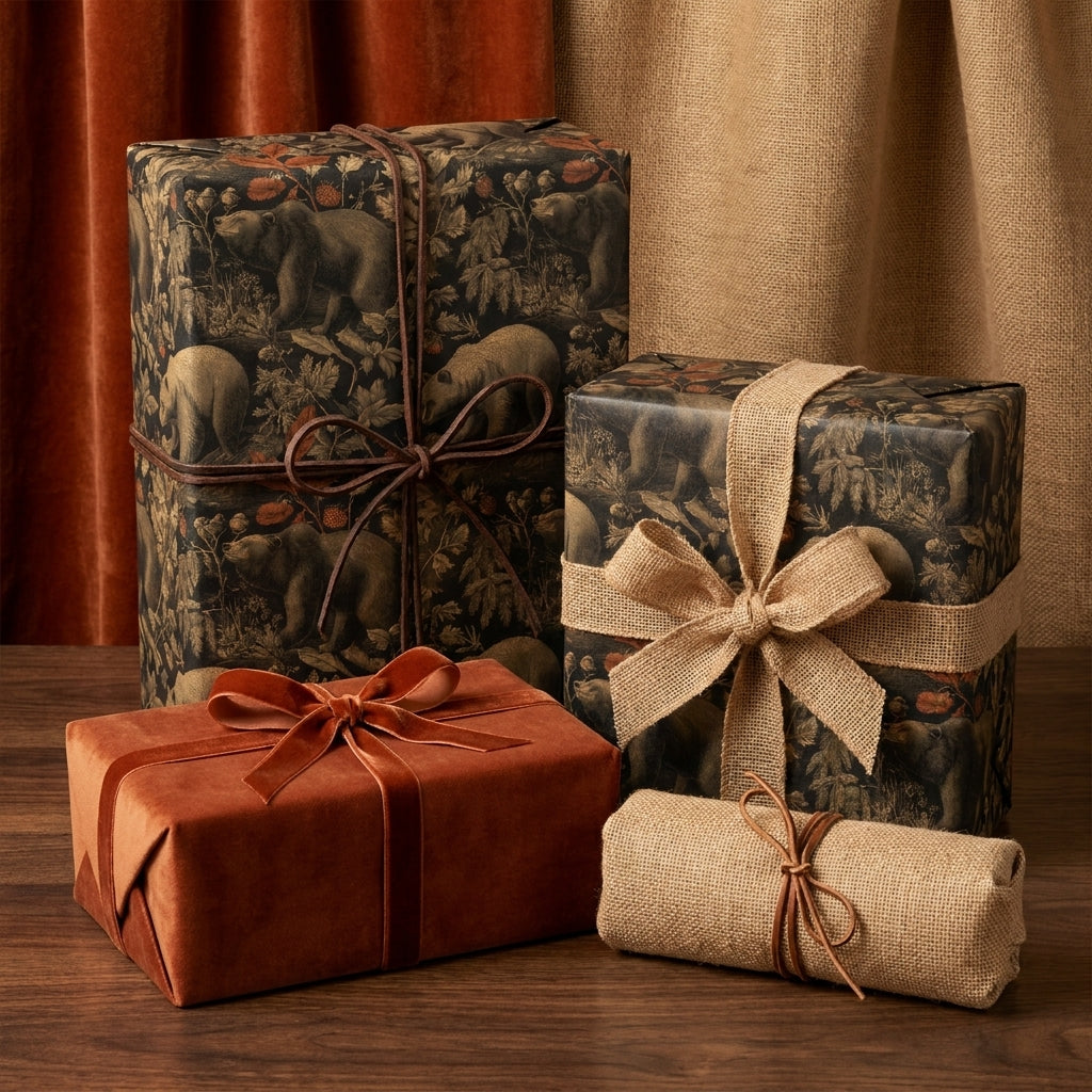 Rustic woodland bear wrapping paper and luxury velvet gift wrap on holiday presents by Wrapped Studios.