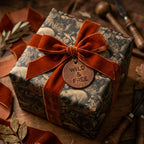 Vintage woodland wrapping paper with bear pattern and rust velvet bow by Wrapped Studios.