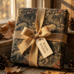 Rustic woodland bear wrapping paper with a burlap ribbon bow and gift tag by Wrapped Studios.