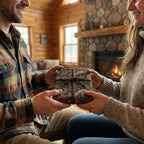 Couple exchanges a gift in rustic woodland bear wrapping paper by Wrapped Studios by a cozy cabin fireplace.