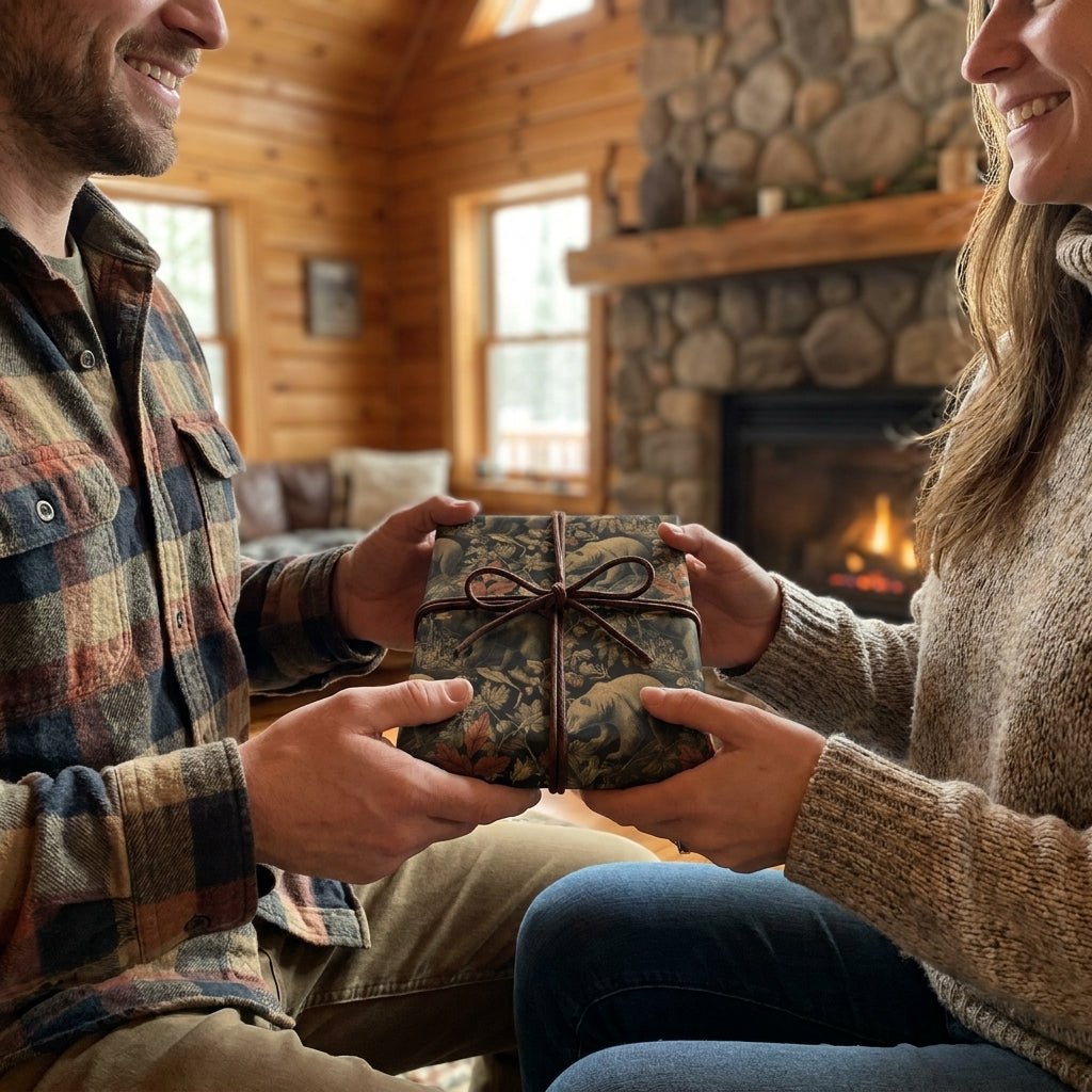 Couple exchanges a gift in rustic woodland bear wrapping paper by Wrapped Studios by a cozy cabin fireplace.