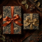 Woodland bear luxury gift wrap with rustic copper and gold bows by Wrapped Studios.