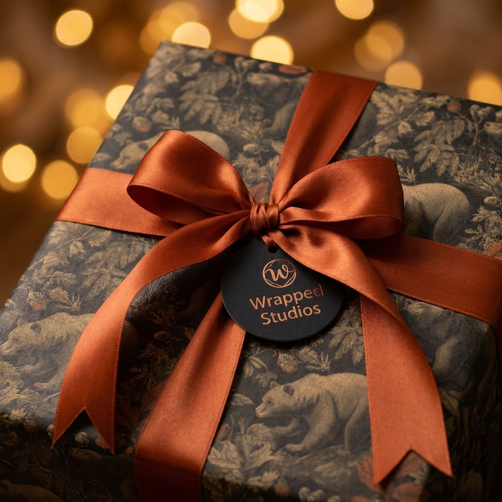 Woodland holiday wrapping paper with a bear pattern, rust satin ribbon, and Wrapped Studios tag.