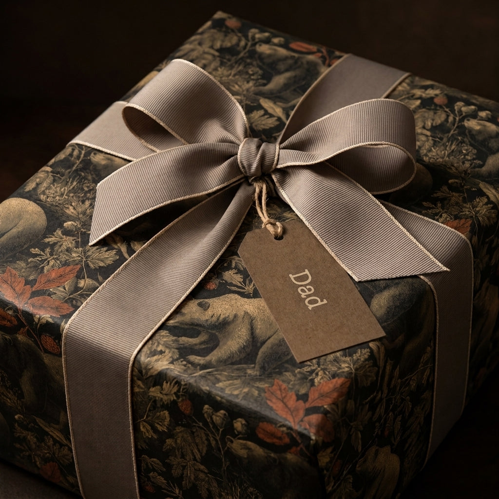 Vintage woodland bear gift wrap with a taupe ribbon and Dad tag. Father's Day wrapping paper by Wrapped Studios.