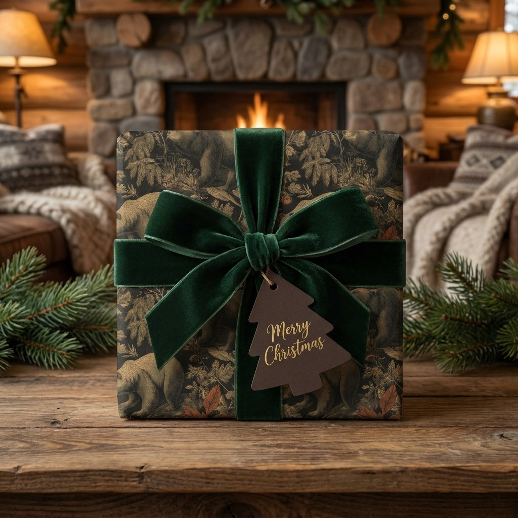 Luxury woodland Christmas wrapping paper with a green velvet bow by Wrapped Studios.
