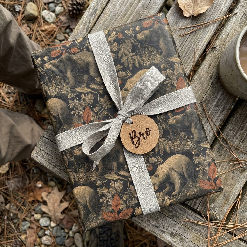 Woodland bear gift wrap with a linen bow on a rustic wooden table, by Wrapped Studios.