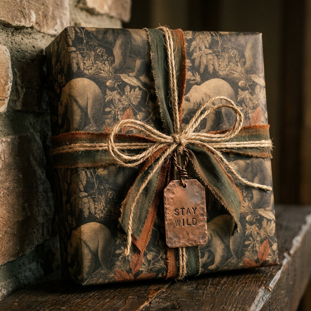 Rustic woodland bear wrapping paper with a green ribbon and copper tag by Wrapped Studios.