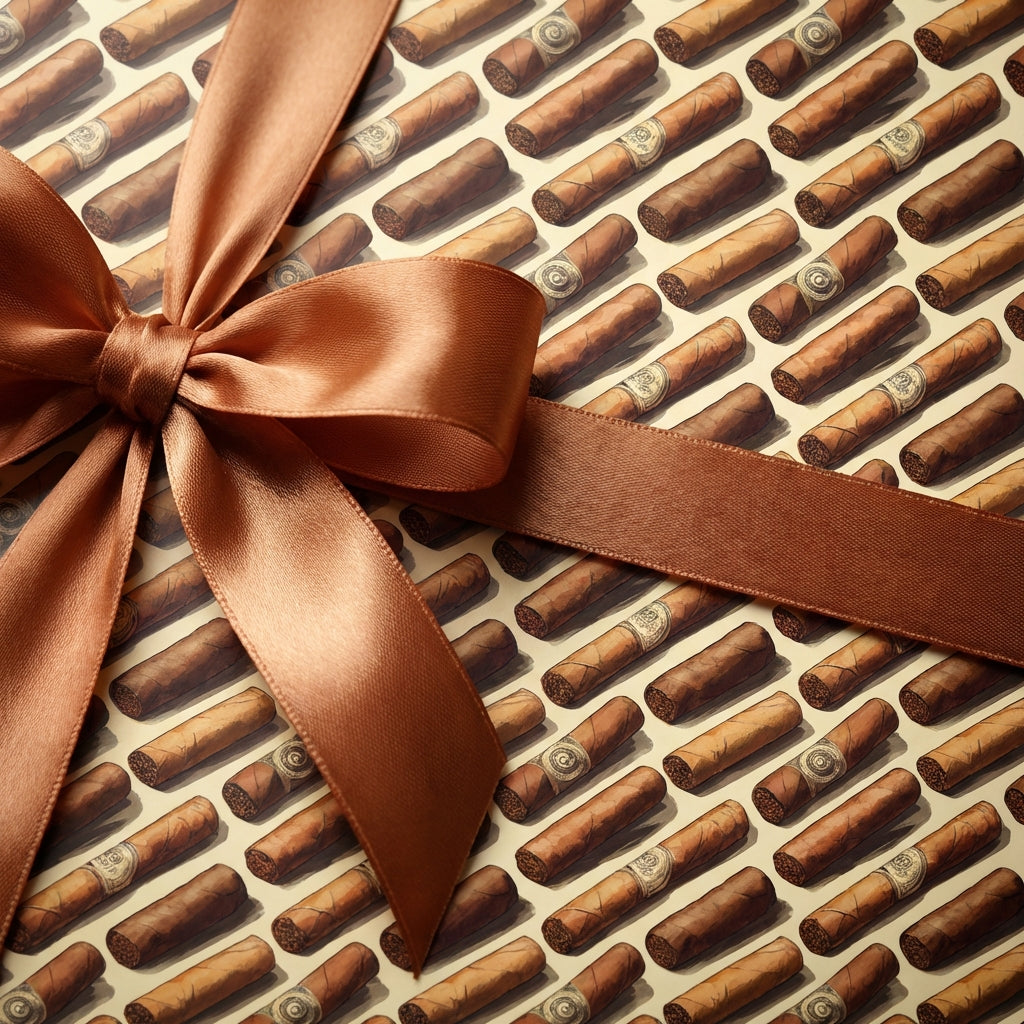Luxury gift wrap featuring a cigar pattern and a satin brown ribbon.