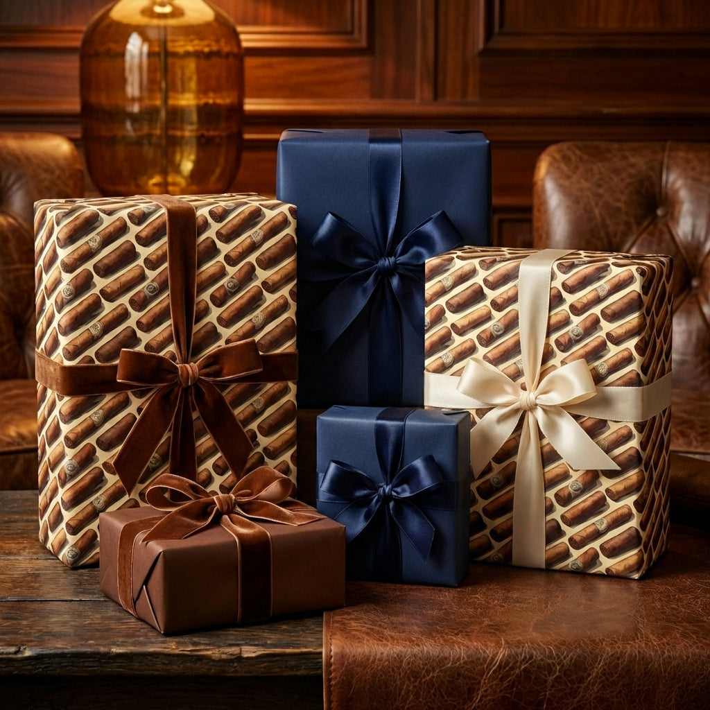 Luxury gift wrap: Elegant presents in cigar-themed paper, tied with velvet ribbons, set in a refined, classic interior.