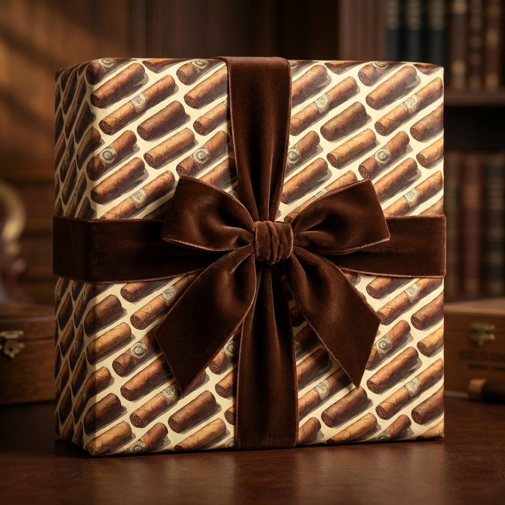 Elegant gift wrapped in cigar-print paper with a rich brown velvet ribbon, perfect for a sophisticated birthday or Father's Day present.