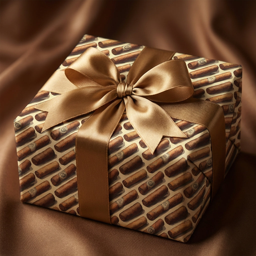 Gift wrapped in cigar-themed paper with a gold satin ribbon, perfect for the cigar aficionado's birthday.