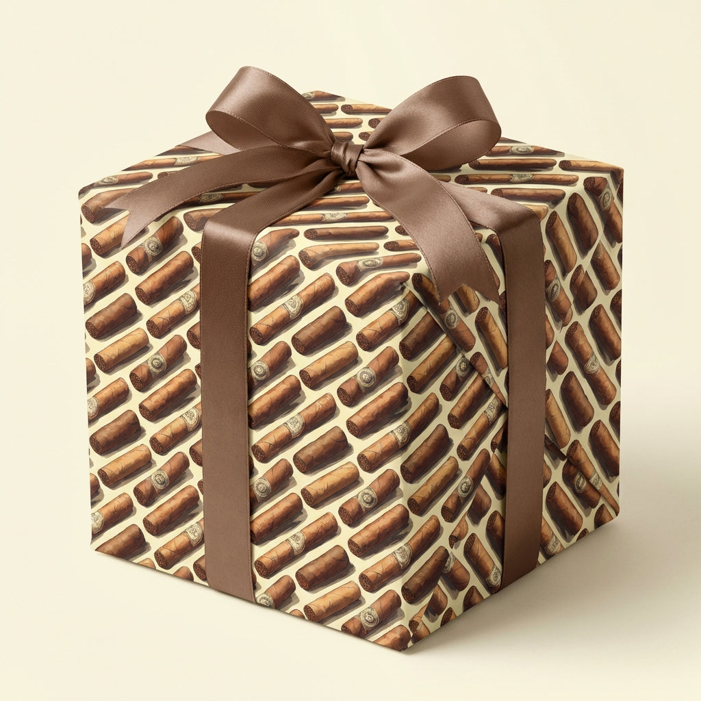 Unique gift wrap with a cigar pattern and brown satin ribbon for a cigar aficionado.