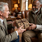 Two men exchanging a gift wrapped in cigar-themed paper with a brown ribbon.