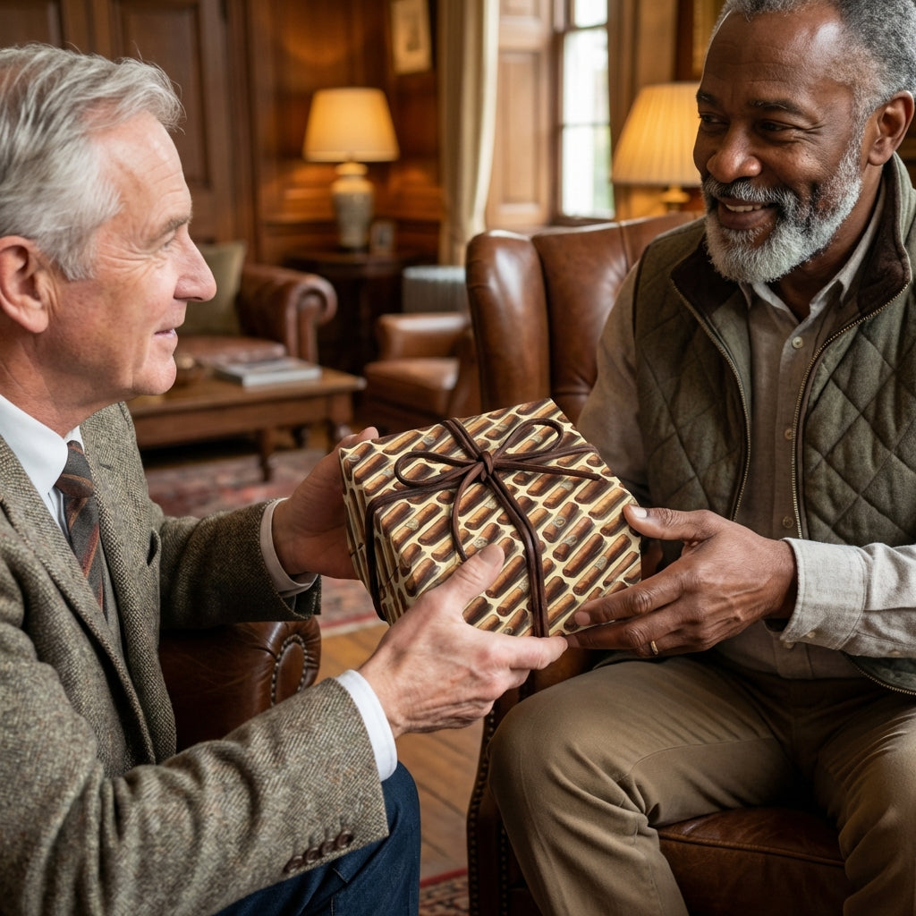 Two men exchanging a gift wrapped in cigar-themed paper with a brown ribbon.