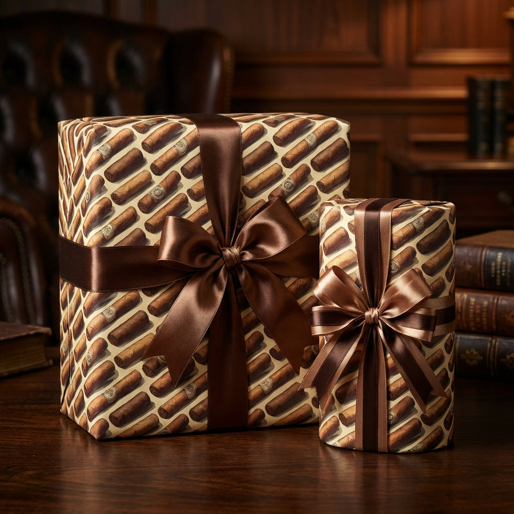 Gifts wrapped in luxury cigar-patterned paper with satin ribbon, perfect for a unique gift presentation.