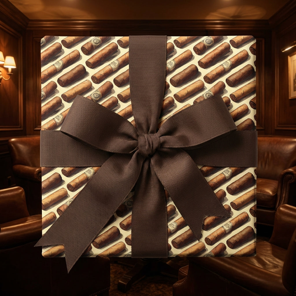 Gift box wrapped in cigar print paper with a brown ribbon bow.