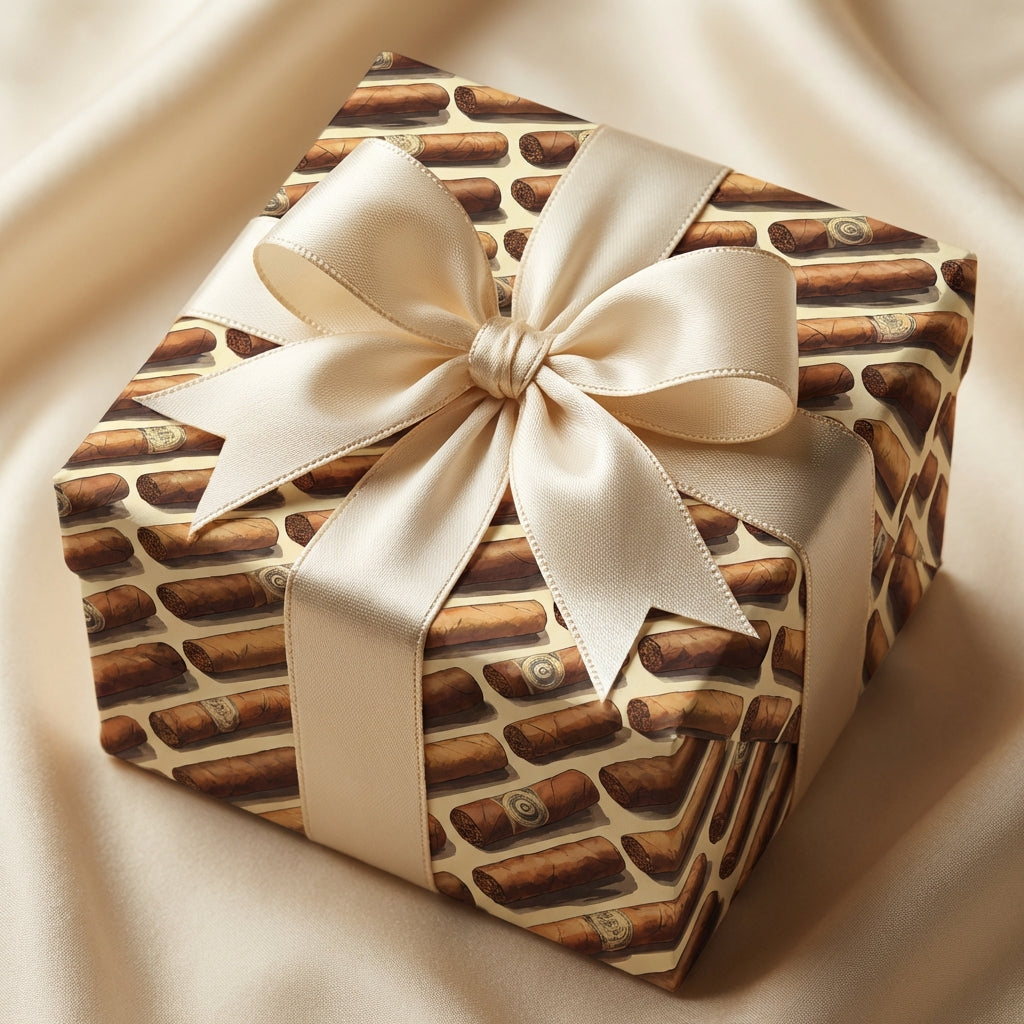 Gift box wrapped in cigar-themed wrapping paper with a cream-colored satin ribbon.