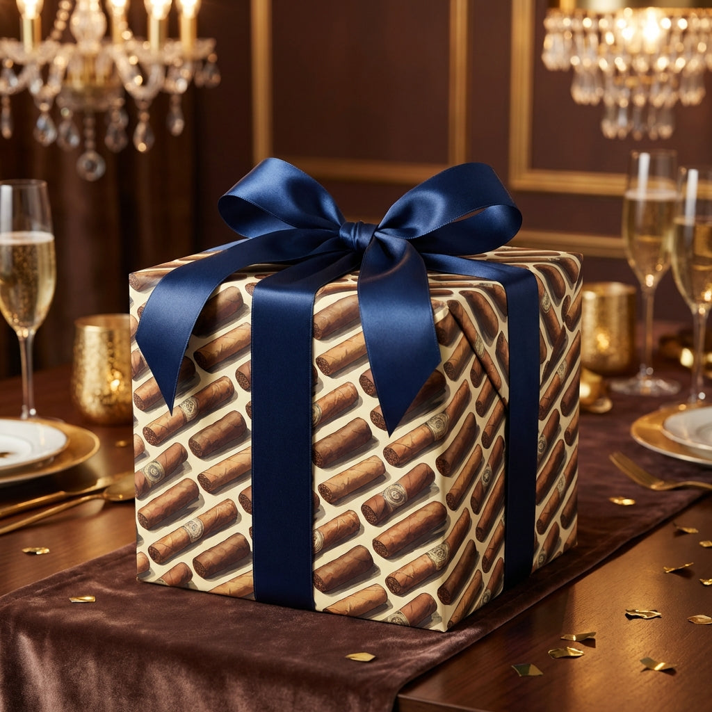 Elegant cigar-patterned gift wrap with navy blue ribbon, perfect luxury present for the discerning cigar aficionado.