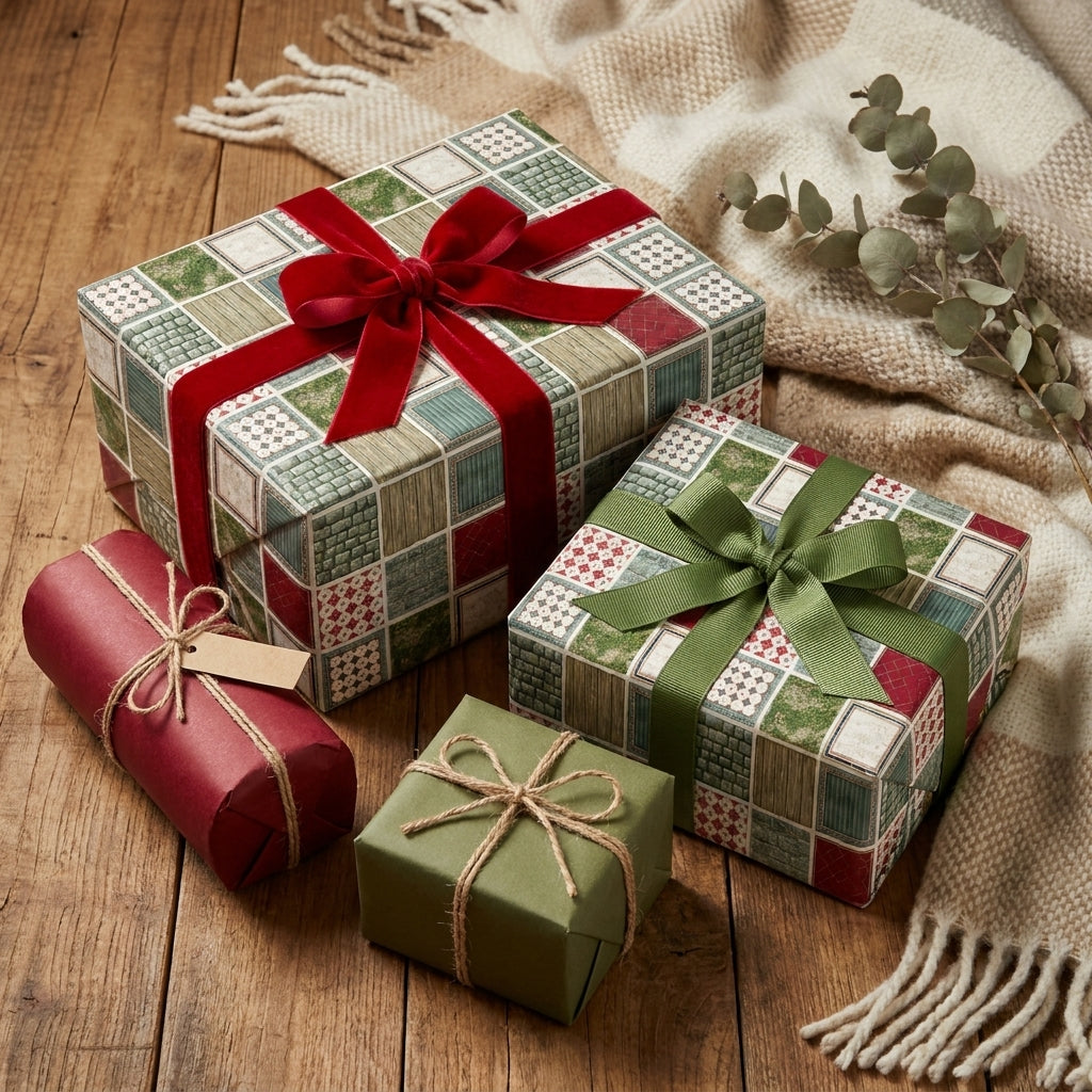 Rustic Christmas gift wrap in a green and red vintage patchwork pattern by Wrapped Studios.