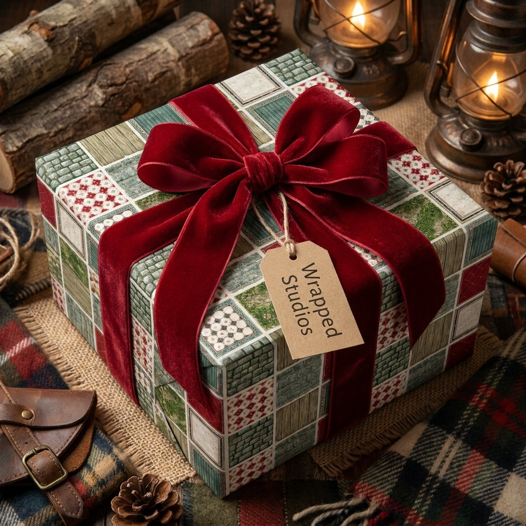 Rustic patchwork Christmas gift wrap with a luxury red velvet bow by Wrapped Studios.
