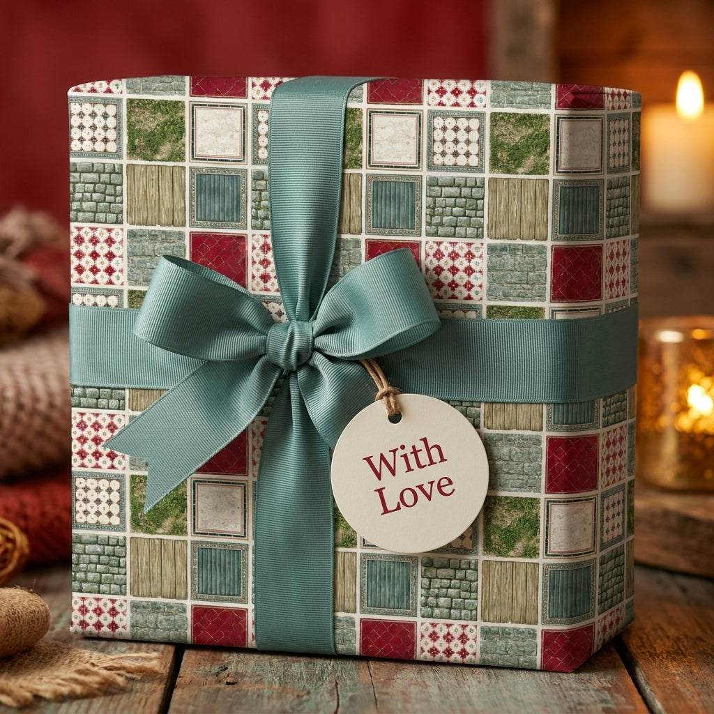 Rustic Christmas wrapping paper in a mosaic tile pattern with sage ribbon by Wrapped Studios.