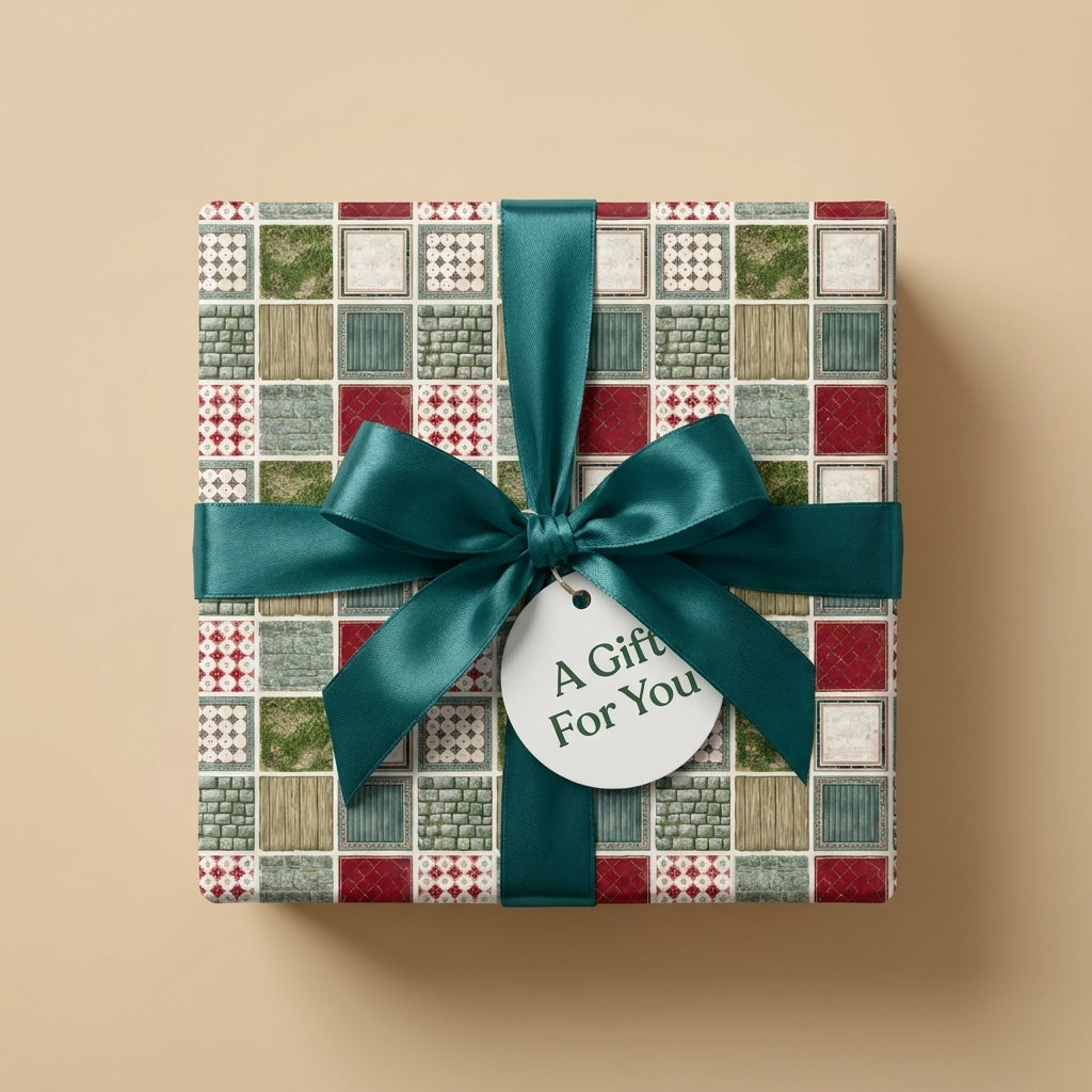 Vintage tile wrapping paper with a teal satin bow, ideal for luxury holiday gifts. By Wrapped Studios.