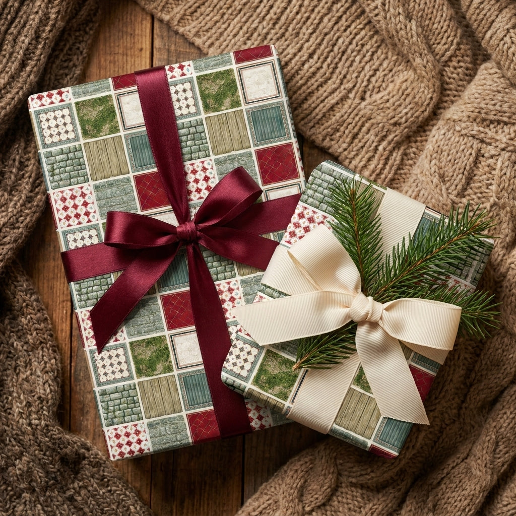 Rustic Christmas wrapping paper with green tile patterns and elegant bows on a cozy blanket, by Wrapped Studios.