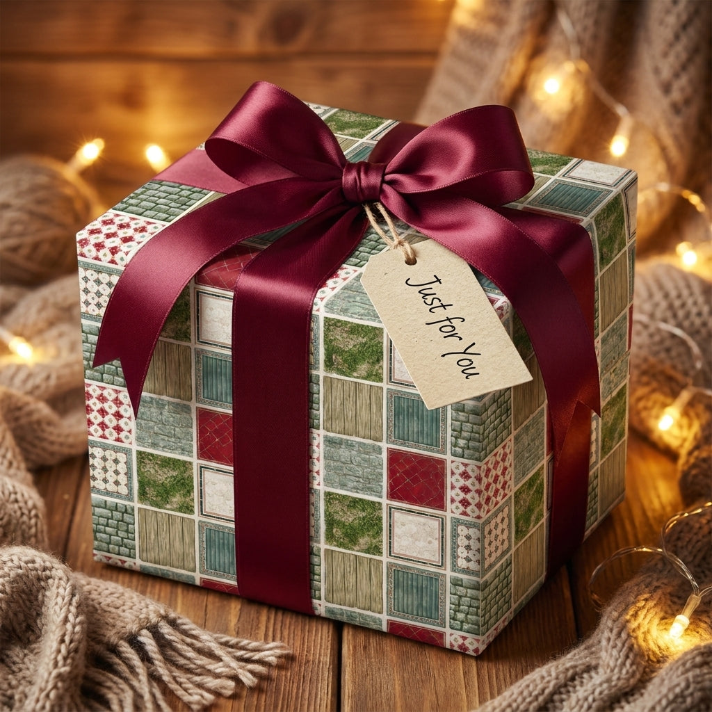 Rustic Christmas wrapping paper in a cozy patchwork print with a burgundy ribbon by Wrapped Studios.