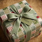 Rustic mosaic wrapping paper with sage green ribbon and gift tag by Wrapped Studios.