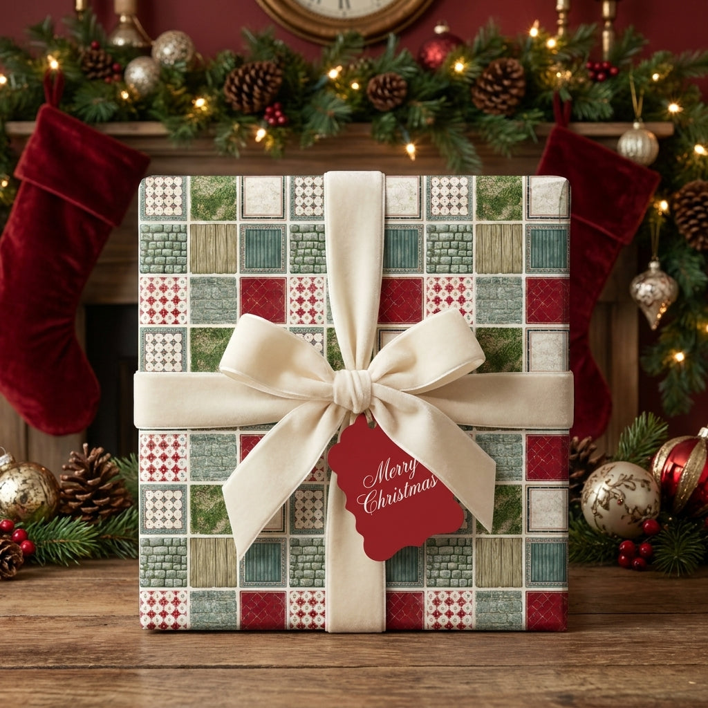 Vintage Christmas wrapping paper with a red and green patchwork pattern and cream bow, by Wrapped Studios.