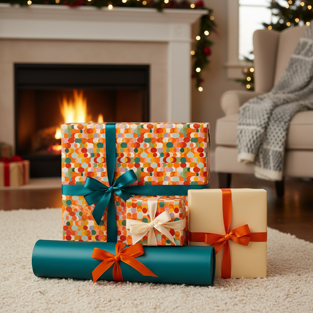 Gifts wrapped in colorful modern wrapping paper with ribbons by a cozy fireplace.