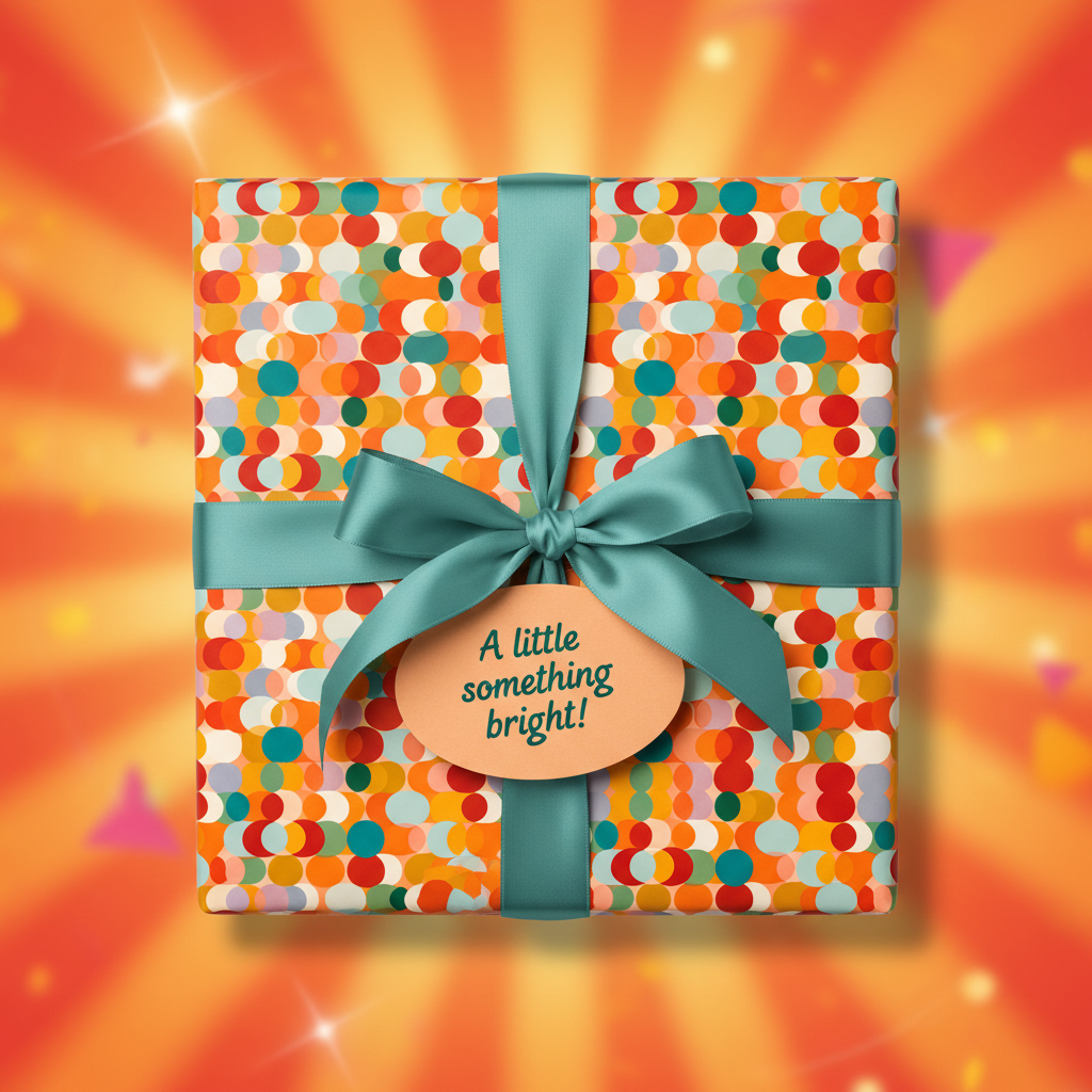 Square gift wrapped in colorful retro circle pattern paper with teal ribbon, saying "A little something bright!".