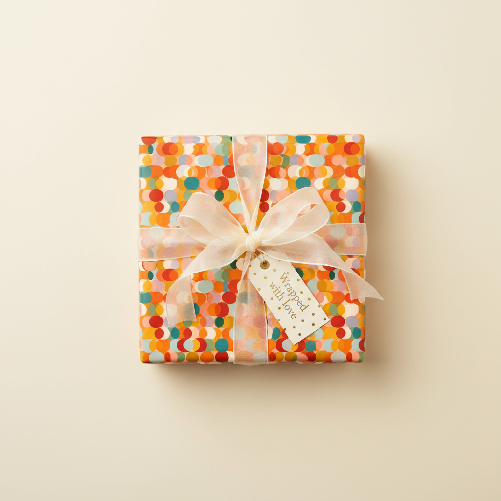 Square gift wrapped in colorful retro circle pattern paper with sheer ribbon and "Wrapped with love" tag.