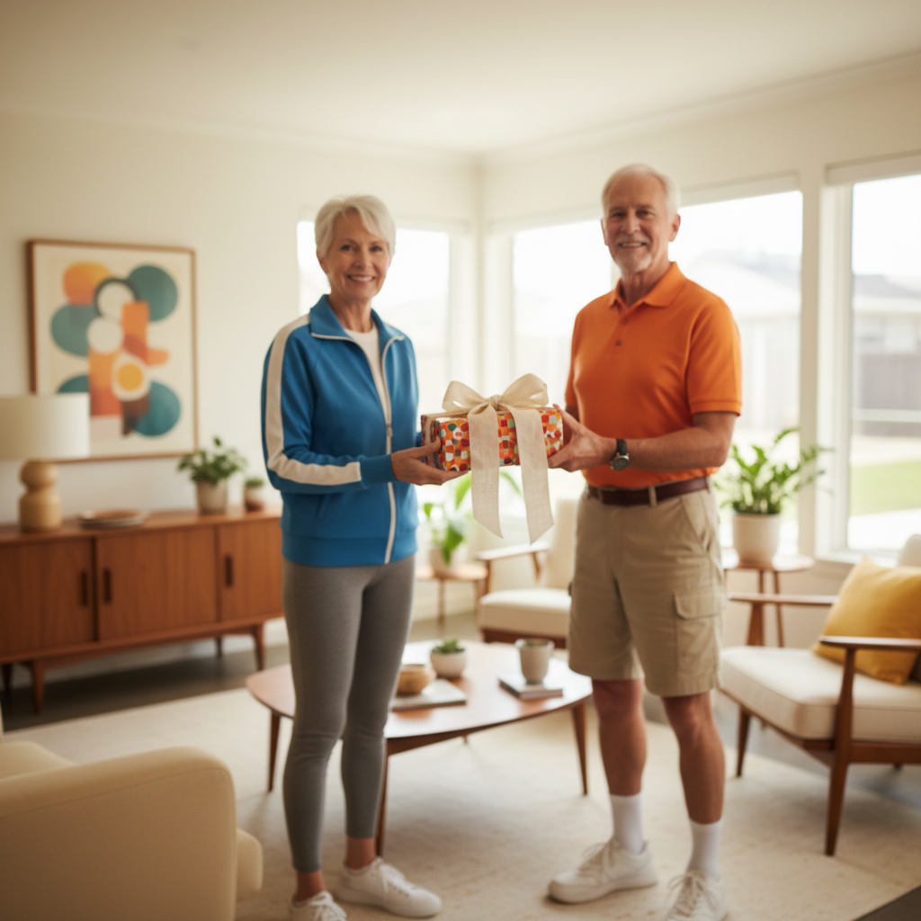 Elderly couple exchanging a present wrapped in geometric pattern paper with a cream ribbon bow.