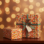 Two gifts wrapped in colorful retro-patterned wrapping paper with ribbon and a tag.