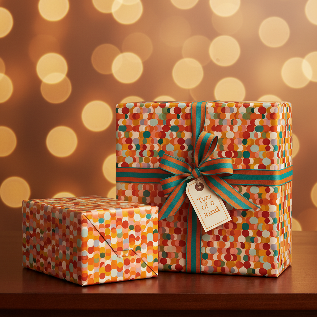 Two gifts wrapped in colorful retro-patterned wrapping paper with ribbon and a tag.