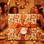 Festive modern gift wrap with colorful circles and a bronze ribbon, perfect for birthday celebrations.