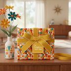 Modern square gift wrapped in colorful polka dot wrapping paper with a golden ribbon and "To Brighten Your Day" tag.