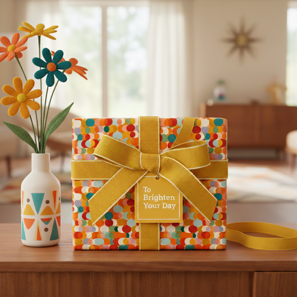 Modern square gift wrapped in colorful polka dot wrapping paper with a golden ribbon and "To Brighten Your Day" tag.