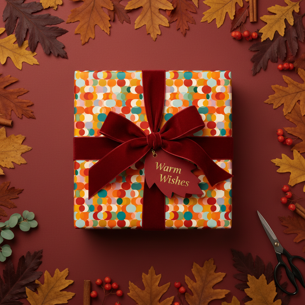 Autumnal gift wrap with a geometric circle pattern and velvet ribbon for the holidays.