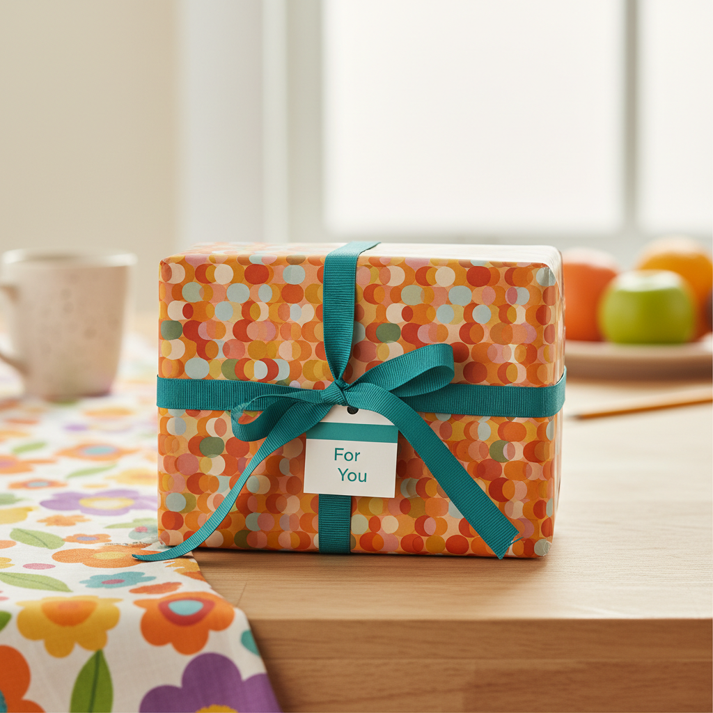 Wrapped gift with retro dot wrapping paper, teal ribbon, and "For You" tag.
