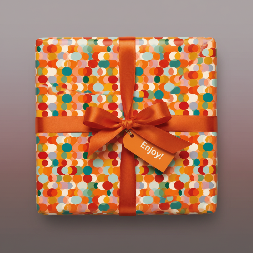 Square gift wrapped in colorful mod wrapping paper with orange ribbon and "Enjoy!" tag.