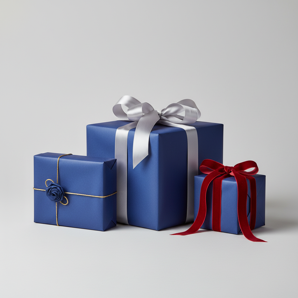 Elegant navy blue wrapping paper on gifts tied with silver and red ribbons.